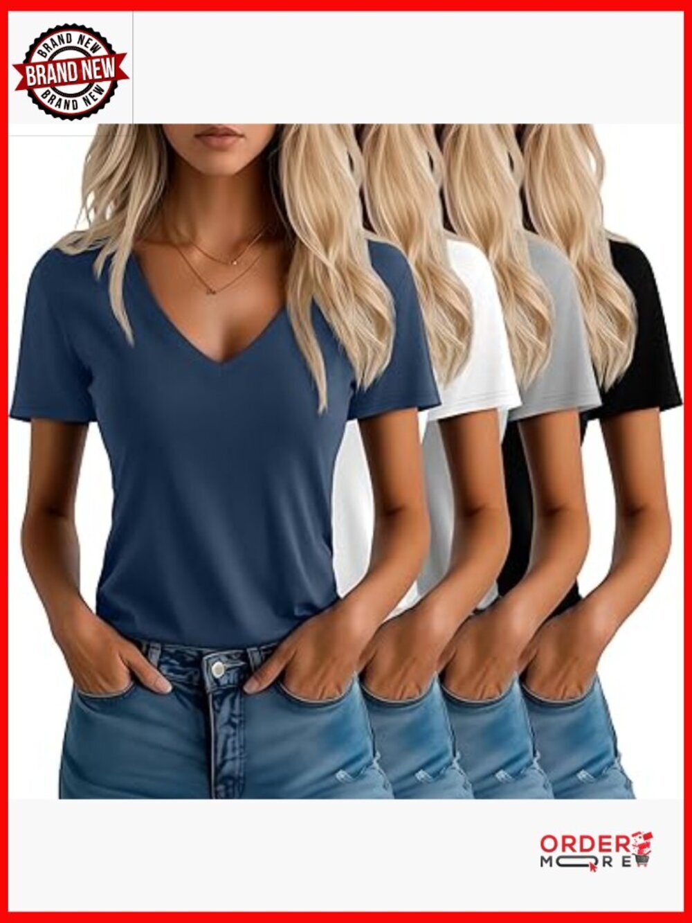 4 Pack Women's V-Neck Short Sleeve T-Shirts Loose Fit Casual Tees